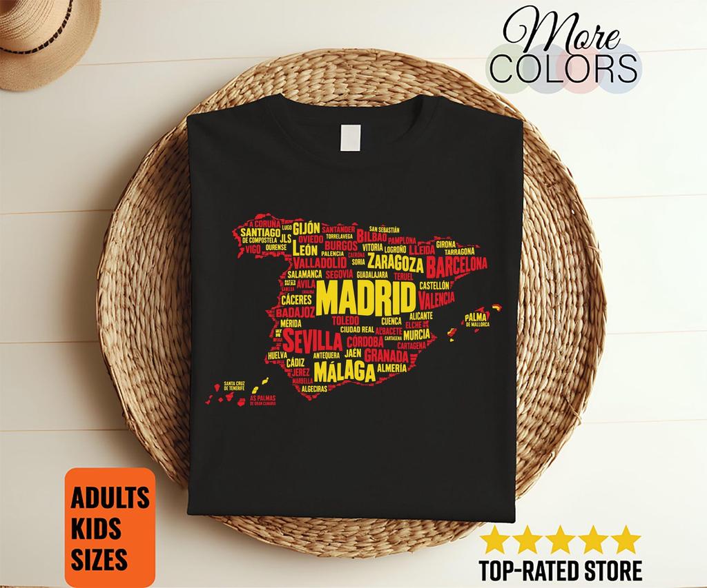 Spain Map Shirt, Madrid City Names Print, Spanish Typography Design, Red Yellow Travel Souvenir, Heritage Pride Gift, Europe Vacation Outfit