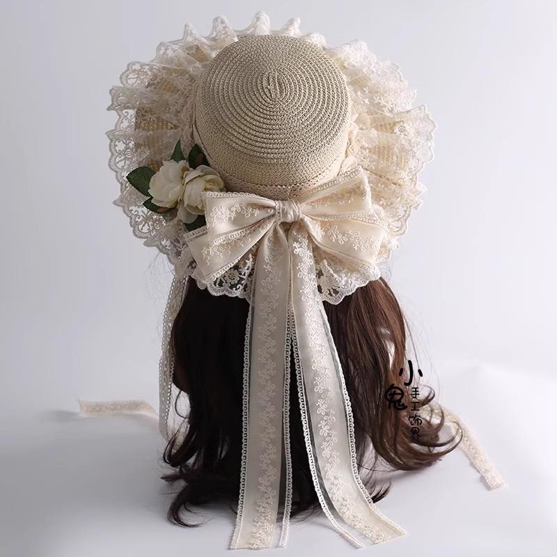 Sun Hat Pastoral Lo Soft Girl Straw Hat Doll Feeling Lace Bow Streamer Hat Female Sun Hat
