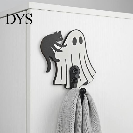 Halloween Wall Hooks Ghost Cat Wooden Hanging Hook for Keys Hats, Decorative Party Supplies Hanger, Cute Home Living Room Bedroom Entryway Key Hangers