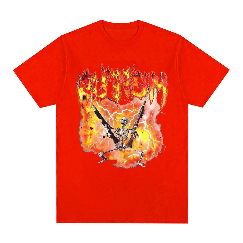 Autism Funny Skeleton Explosion Meme Tshirts Men Clothing Vintage Summer Short Sleeves Tshirt Cotton Casual Oversized T Shirts