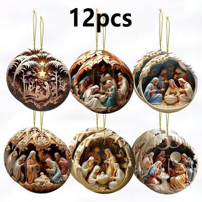 12-Piece Christmas Ornament Set, Nativity Scene 3D Carved Balls, Festive Religious Hanging Decor for Xmas Tree
