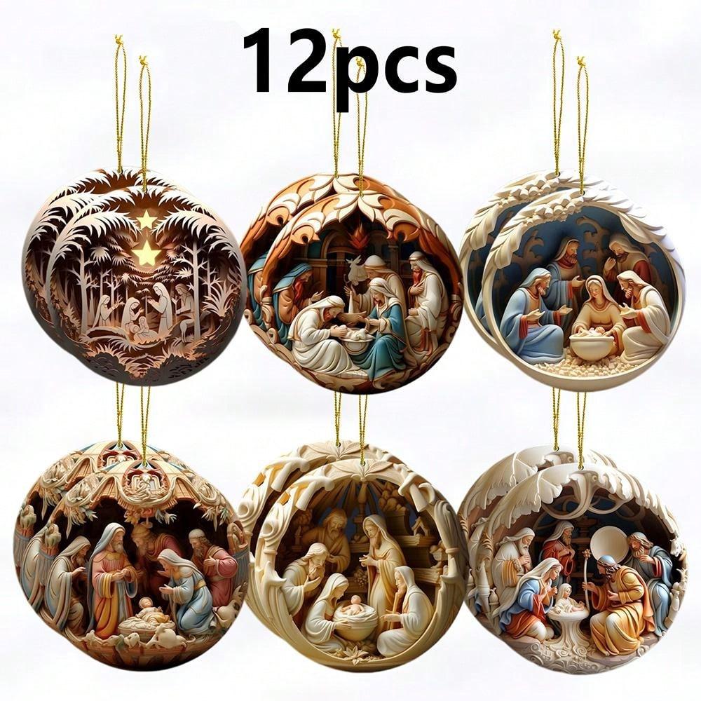 

12-Piece Christmas Ornament Set, Nativity Scene 3D Carved Balls, Festive Religious Hanging Decor for Xmas Tree