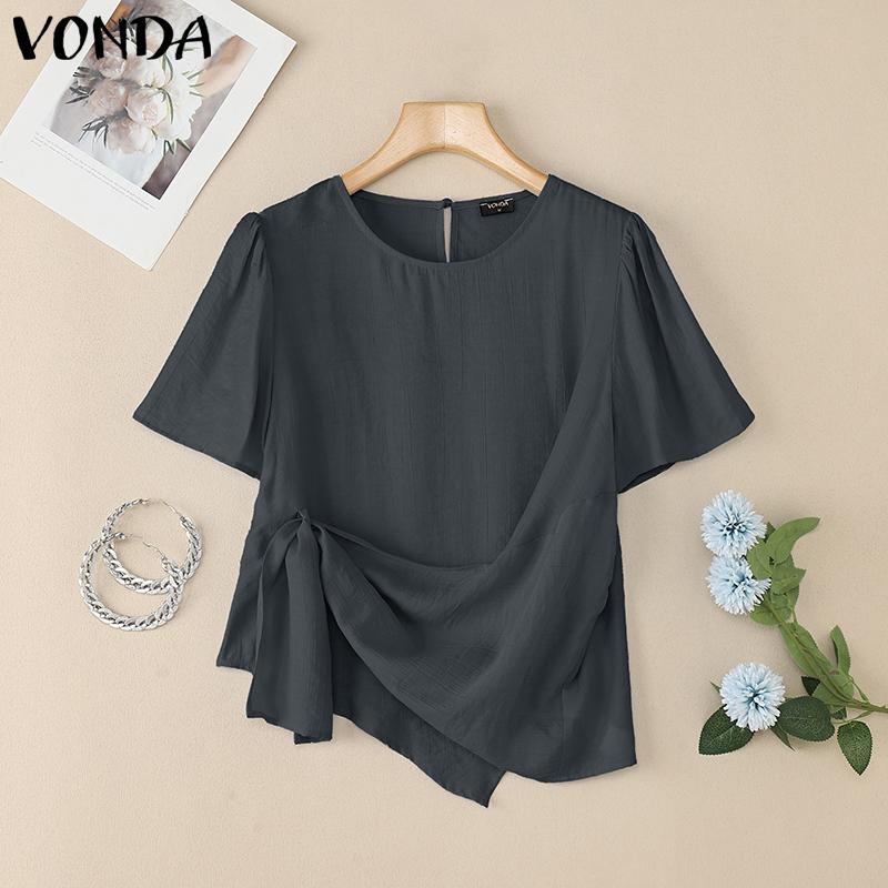 VONDA Women Casual Short Sleeve Solid Semi-Sheer Side Twisted Loose Blouse