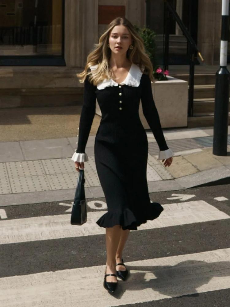 Hohe Taille Rüschen Maxi Kleider Für Frauen Gestrickte Schlanke Lange Kleid frauen Vintage Kleid Frau Retro Elegante