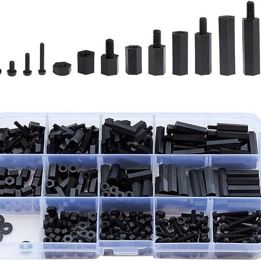 Black Nylon M2-M4 Screw, Nut, Hex Standoff, and Washer Set, 320 Pieces