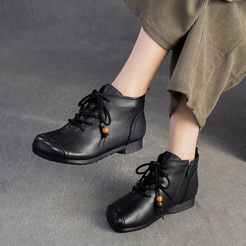 Johnature Retro Round Toe Genuine Leather Ankle Boots Versatile Soft Soled Comfortable Women's Shoes