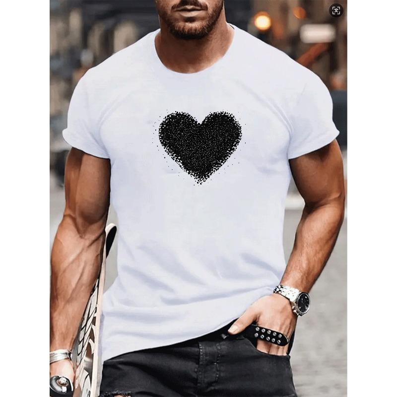 

European sizes Black Grainy Heart Pattern Print | Easy and Creative, Lightweight and Comfortable Round-Neck Short-Sleeved Top for Men 4XL білий