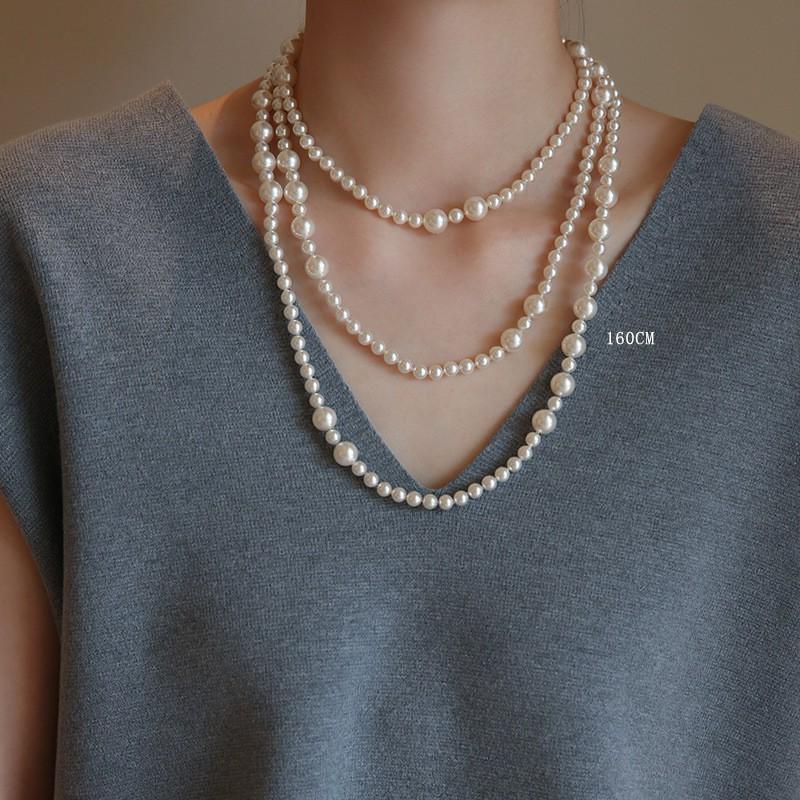 French Chic Double Layer Pearl Necklace Long Multi Layered Stacking Choker Winter Sweater Chain Women