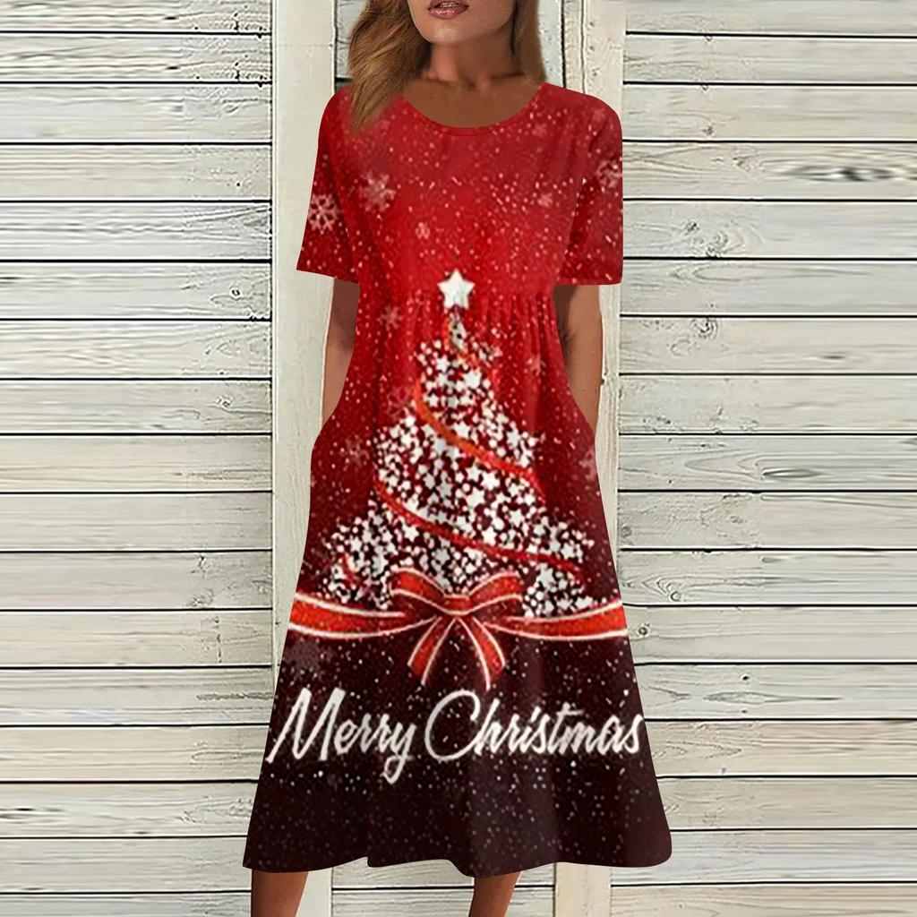 Women's Casual Fashion Christmas Print O-neck Dress