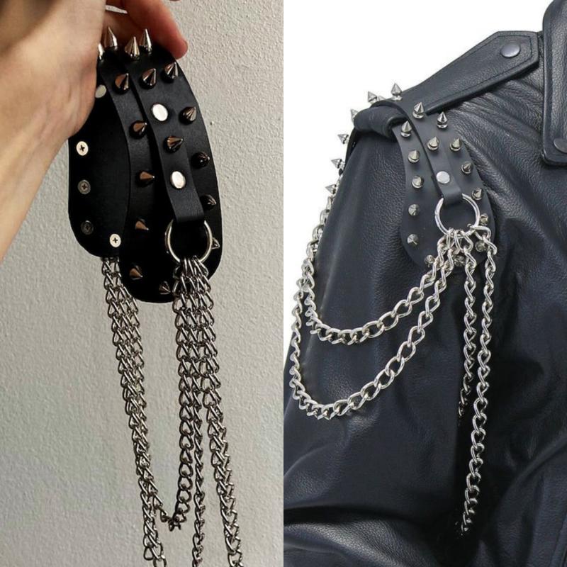 Unisex Leather Shoulder Armor With Rivet Details And Chain Tassel Fashionable Metal Epaulet Accessories For Women Men