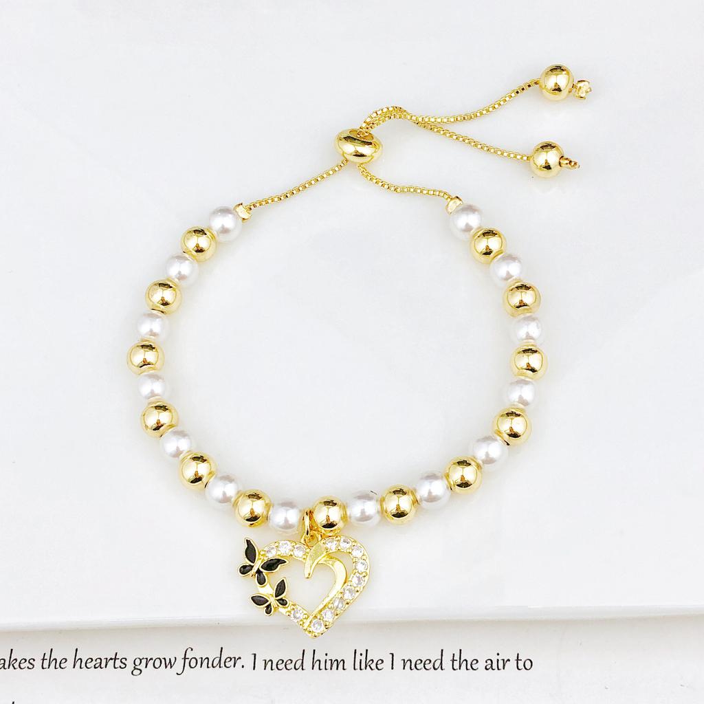 Classic Pearl Chain Heart-Shaped Bowknot Zirconia Pendant Bracelet High-Quality Women Girls Daily Party Jewelry Birthday Gift