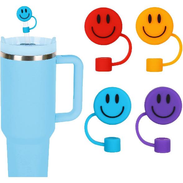 Whaline 4Pcs Smile Face Straw Cover Cap Pink Purple Mint Green Silicone Drinking Straw Topper 10mm 30&40 Oz Reble Straws Covers Double Sided Tumbler