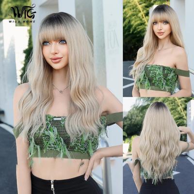 Peluca de simulación para mujer, 63 cm, cabello dorado, tocado completo, redecilla para el cabello rosa, peluca de decoración de belleza