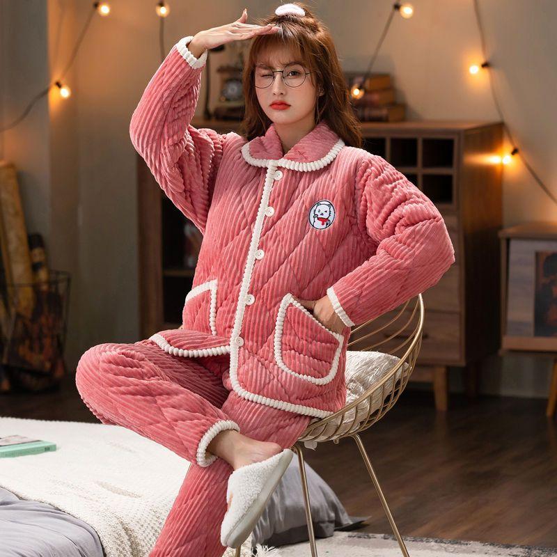 Pajamas women's three-layer thickened and cute winter can wear large-size warm padded loungewear