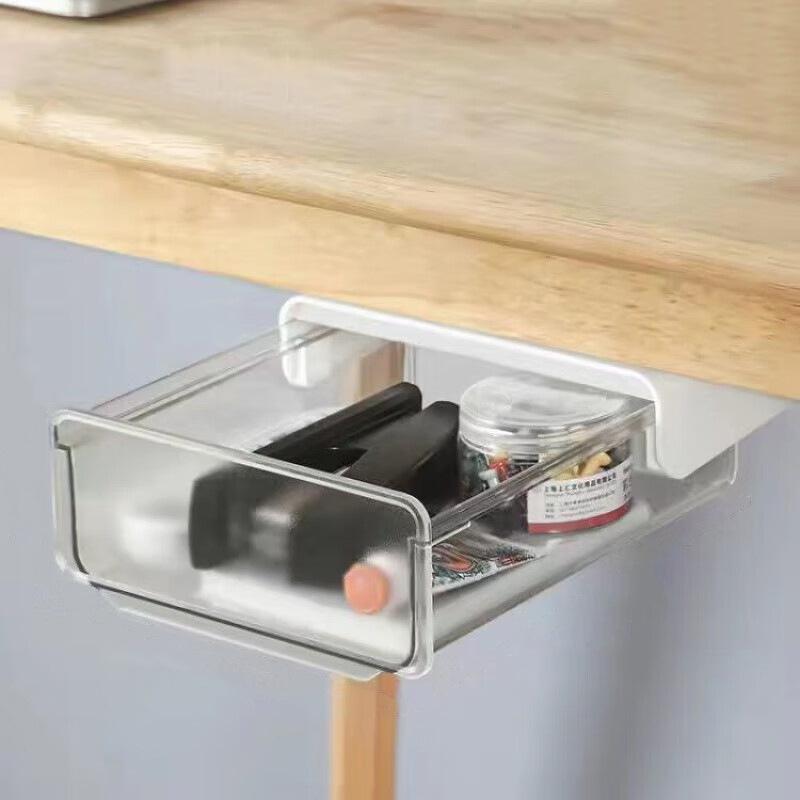1pcs Underdesk Drawer Style Storage Box Hidden Non Perforated Drawer Box Office Desk Bottom Adhesive Transparent Storage Box