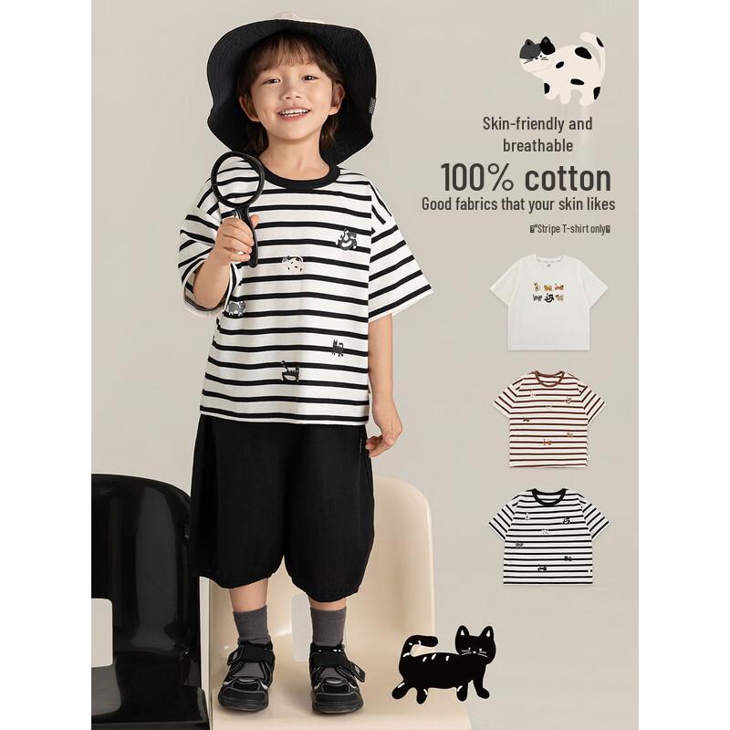 Youyou Boys Loose Fit Cat Print Antibacterial T-Shirt 90cm