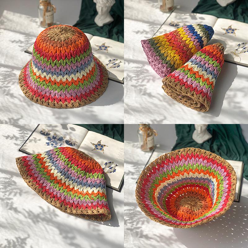 Rainbow Color Bucket Hat Women's Summer Thin Sunscreen Sun Hat Handmade Straw Hollow Straw Hat Women's Versatile Tide