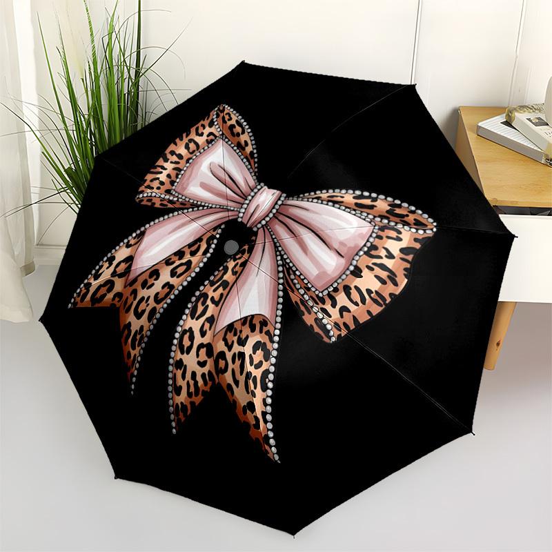 1pc Leopard Bow Automatic Open/Close Umbrella - Compact Travel Umbrella with 8-Rib Durable Frame, Lightweight & Portable Design z58