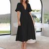 Puff Sleeve Vacation Dress For Women Summer  Deep V Neck Casual Short Sleeve A-Line Maxi Dresses