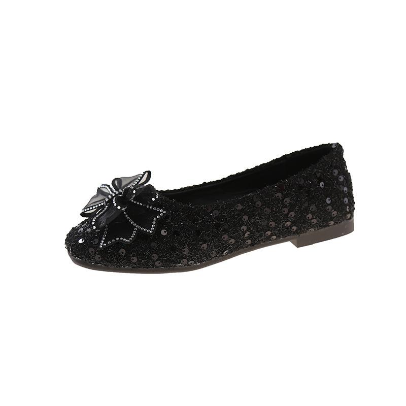 

Модные весенние и осенние туфли-лодочки с бантом из стразов и пайеток 2025 года для женщин, новые универсальные туфли-лодочки большого размера на низком каблуке 42 чёрный