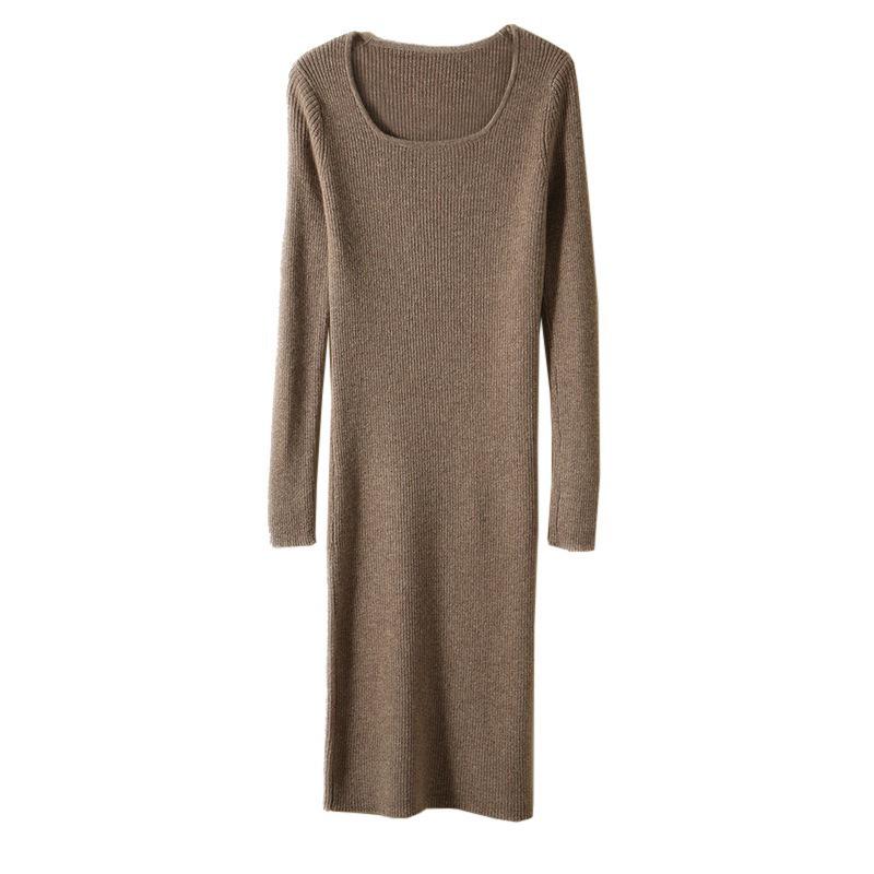 Women's Pure Wool Long-Sleeve Knit Dress, Mid-Length, Over-the-Knee, Slimming; Ideal as a Base Layer for Autumn and Winter.