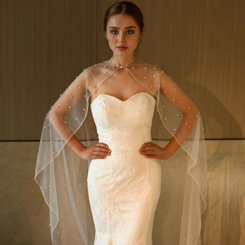 Adjustable False Sleeve Bridal Stole Elastic Mesh Wedding Accessory Pearls Embellishments Formal Wear