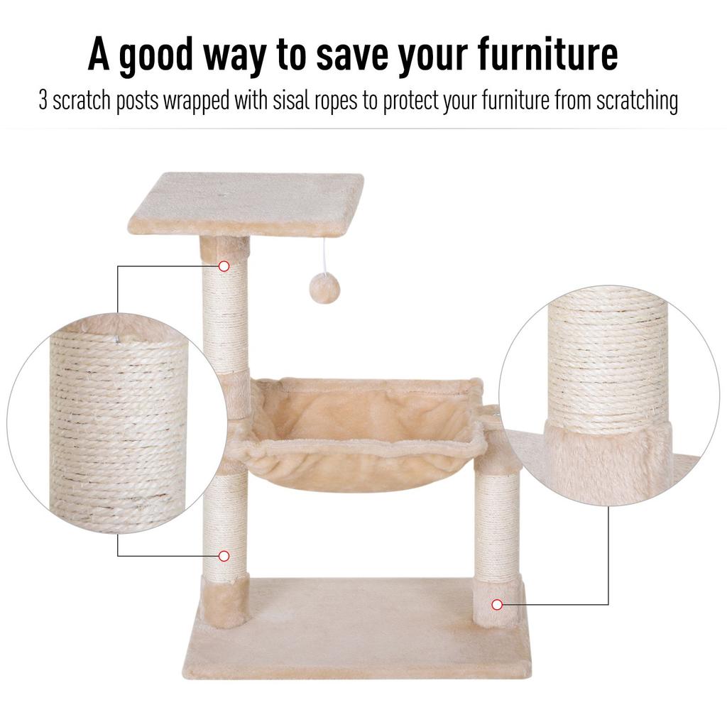 Cat Scratch Post With Bed Cat Tree For Indoor Cats Sisal Scratching Posts Hammock Kitty Activity Centre Beige