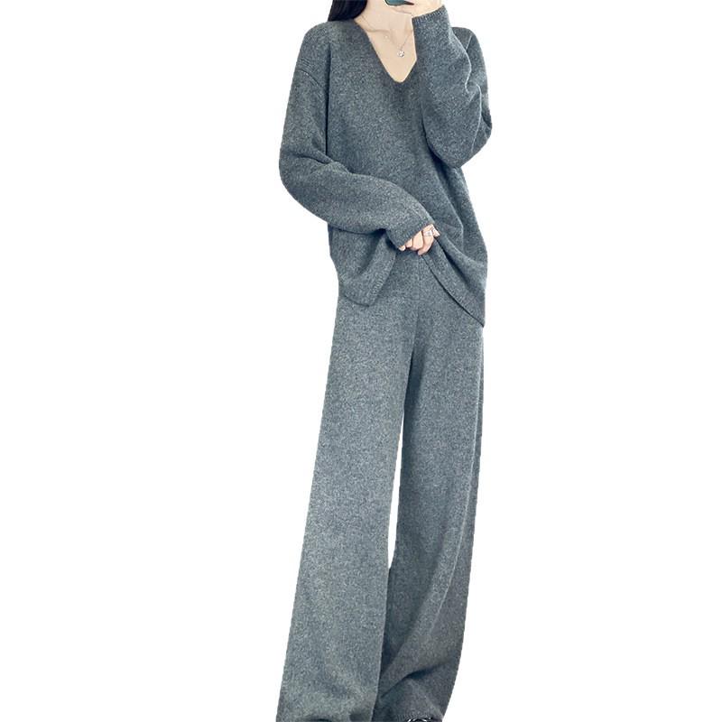 Women's Thickened Cashmere Knit Set: V-Neck Sweater & Wide-Leg Pants