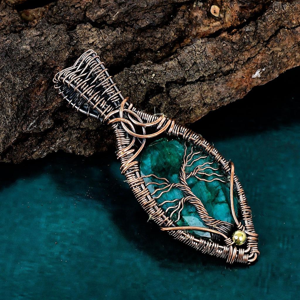 Faceted zambian emerald copper pendant handmade unique pendant copper wire wrapped jewelry original gemstone jewelry tree of life pendant