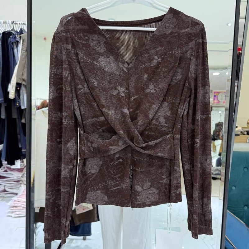 

Women s Brown Floral Blouse Long Sleeve Wrap Waist Slim Fit Casual Fashion Top S кавовий