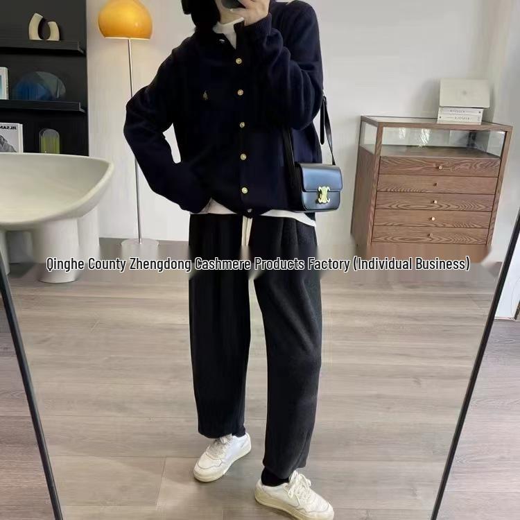 Women's Pure Wool Cardigan Sweater with Round Neck and Little Horse Embroidery - Autumn/Winter Outerwear