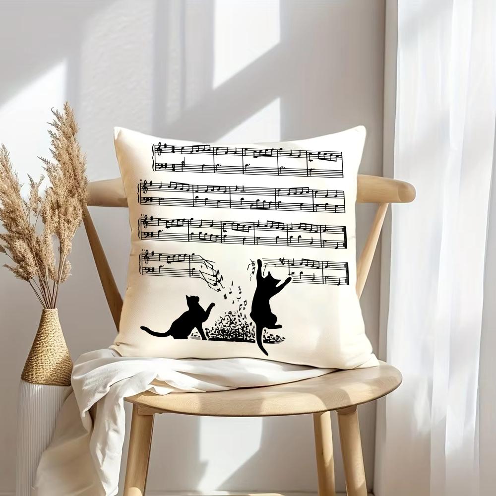 Music And Cat Cushion Cover Soft Plush Throw Pillow Cover | Double-Sided Decorative Cushion Case | Sofa Bedroom Home Decor