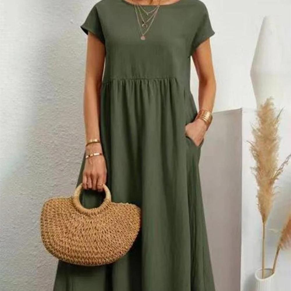 Women Elegant Solid Maxi Dress Summer Short Sleeve O Neck Vintage Harajuku Cotton Linen Loose Sundress Y2K Pockets Long Dress
