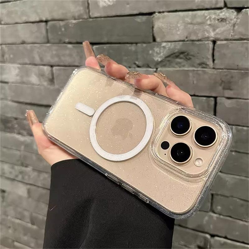 For Magsafe Bling Glitter Transparent Shockproof Case For iPhone 16 12 13 14 15 Pro Max Plus Armor Hard Lens Protection Cover
