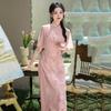 Pink Slim Fit Cheongsam Dress Women Vintage Inspired Modern Qipao Style Long Sleeveless Plus Size Daily Wear