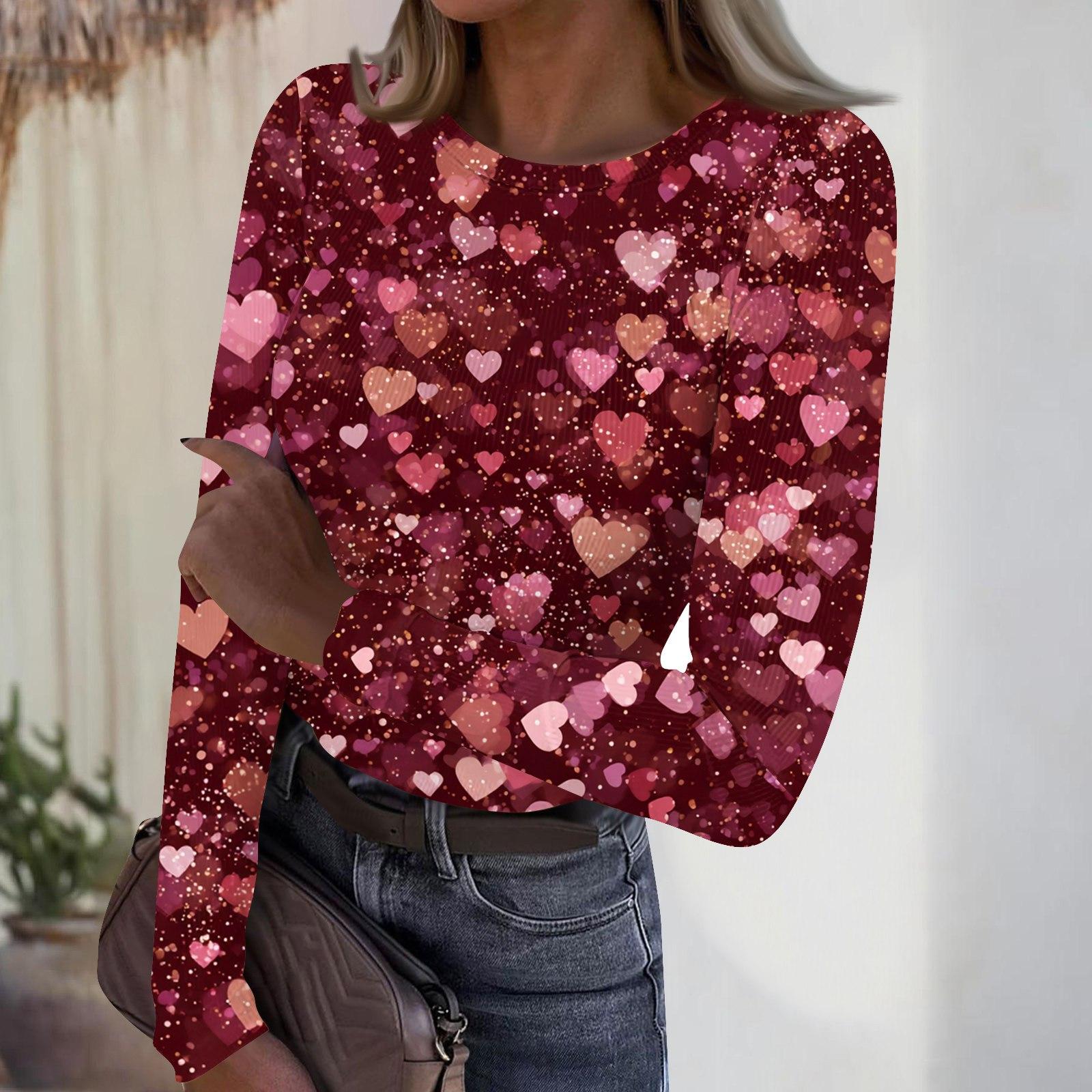 

Женский повседневный и модный вязаный топ с круглым вырезом и длинными рукавами с принтом ко Дню святого Валентина. M винный