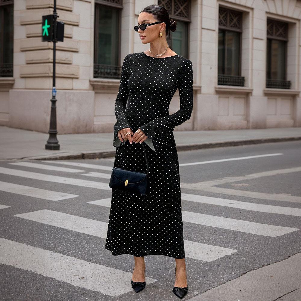 European and American Socialite Black Polka Dot Dress Women's Spring and Summer Long-sleeved Big Halter Slim Back Strap Long Dress