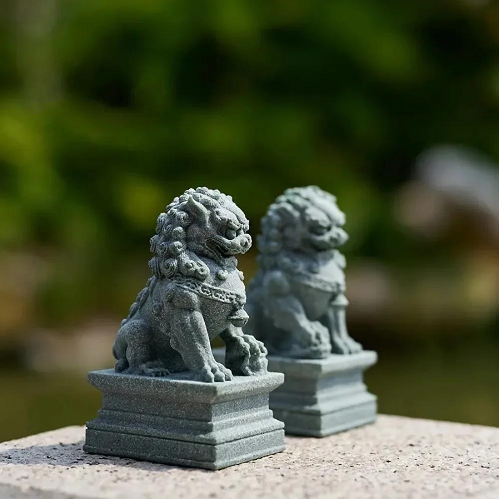 Lucky Wealth China Stone Lion Carving a Pair of Feng Shui Home Bar Desktop Mascot China Feng Shui Kirin Jewelry Decoration