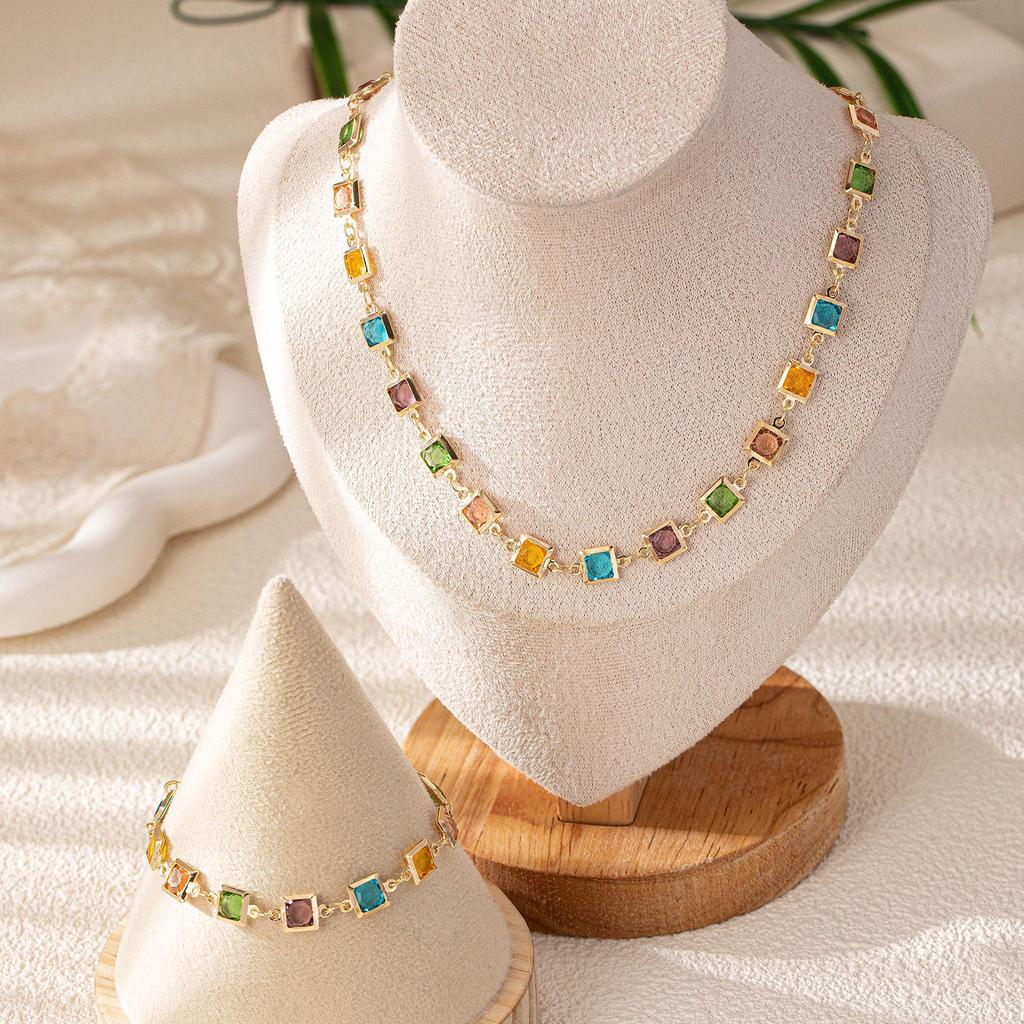 Luxury Colorful Crystal Square Necklace & Bracelet Set