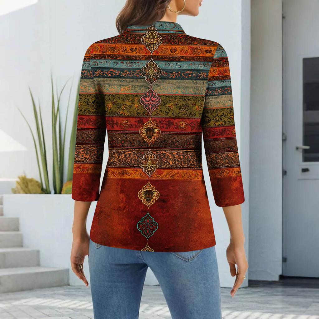 Women's Fashion Casual Lapel Short 3/4 Sleeve Print Shirt Women's Button Up Tops