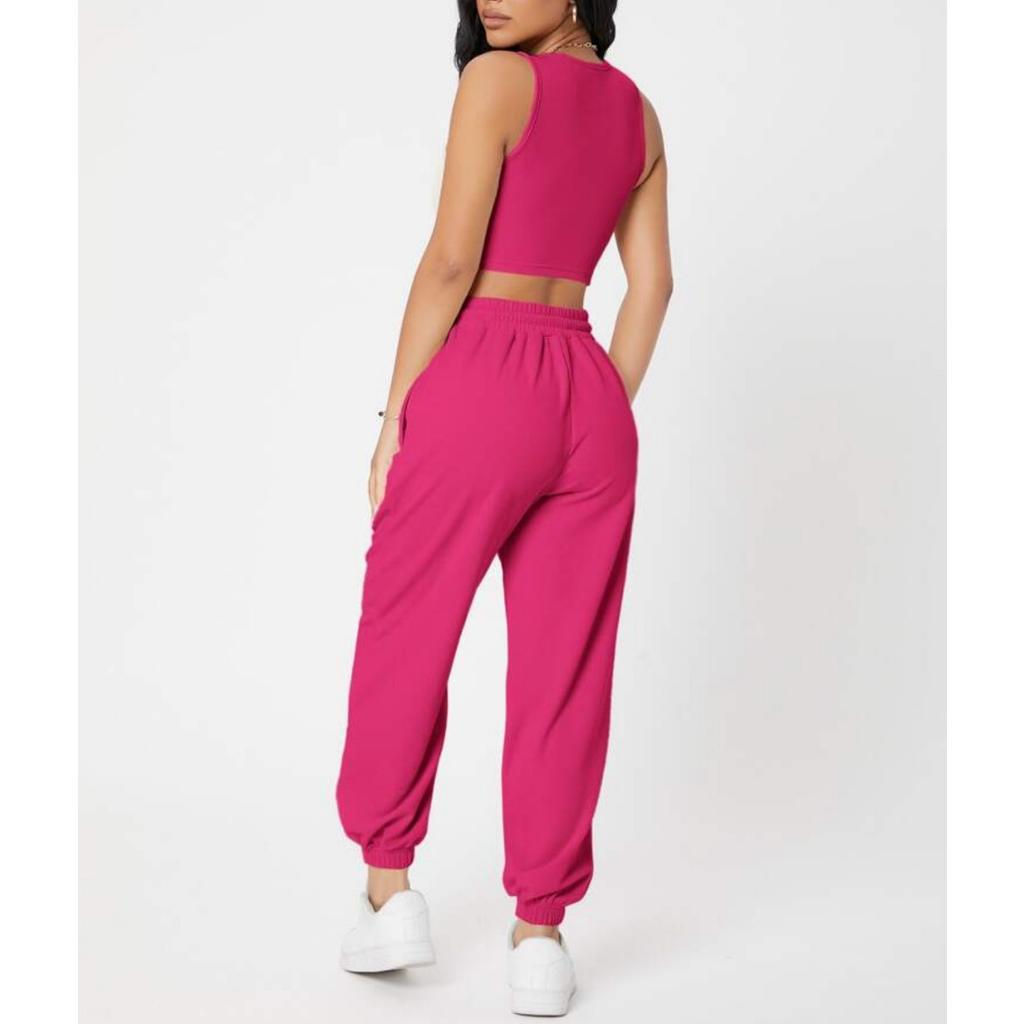 GMXIA Spring Solid-color Round-neck Vest Women's High-waisted Fashionable Casual Long Pants Set