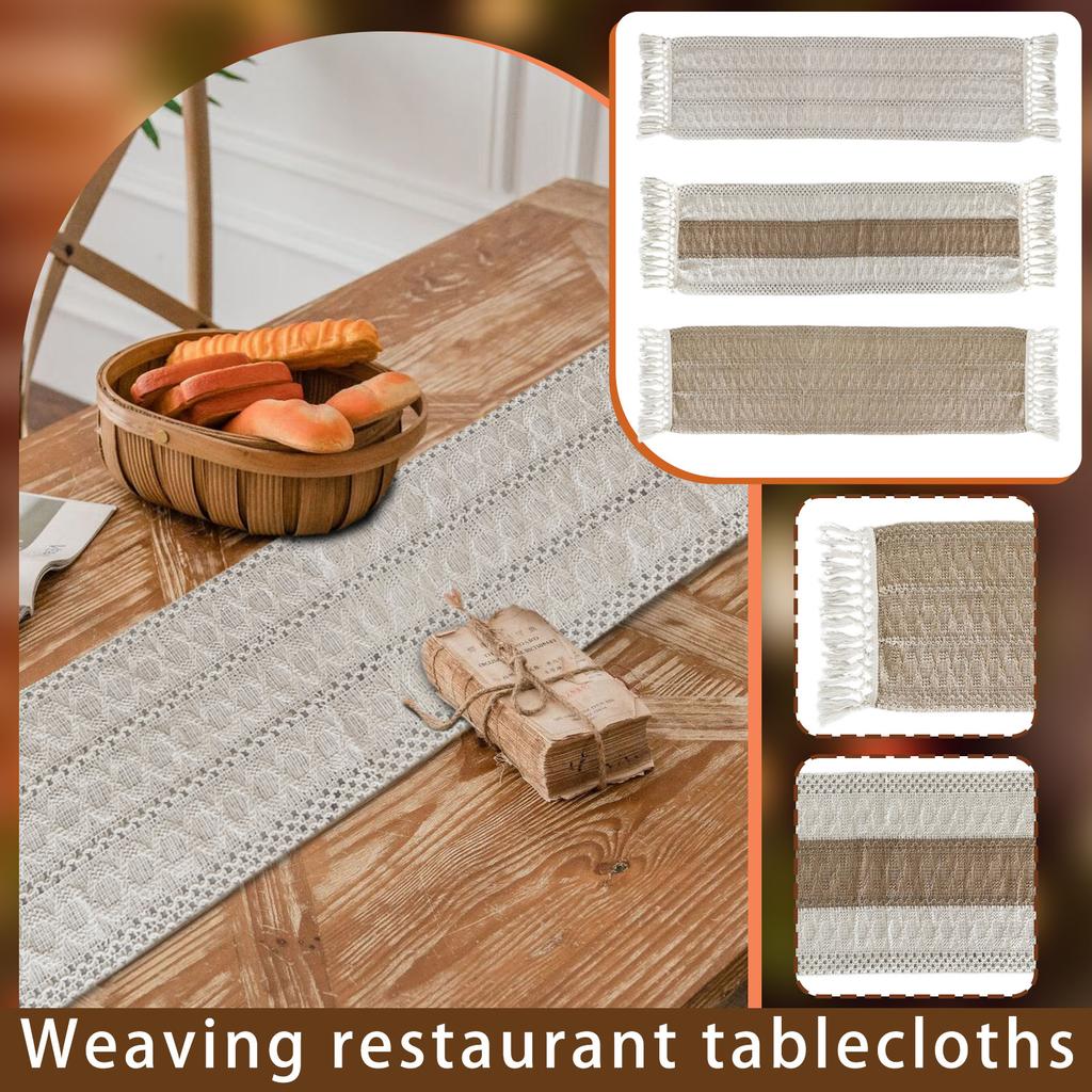 Luxurious Color Blocked Cotton And Linen Table Flag, Hollowed Out Woven Long Tassel Restaurant Decorative Tablecloth