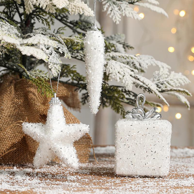 Christmas Tree Ornaments White Foam Stars Pentagram Icicle Gift Box Pendant Tree Hanging Decorations Shiny Festival Decors
