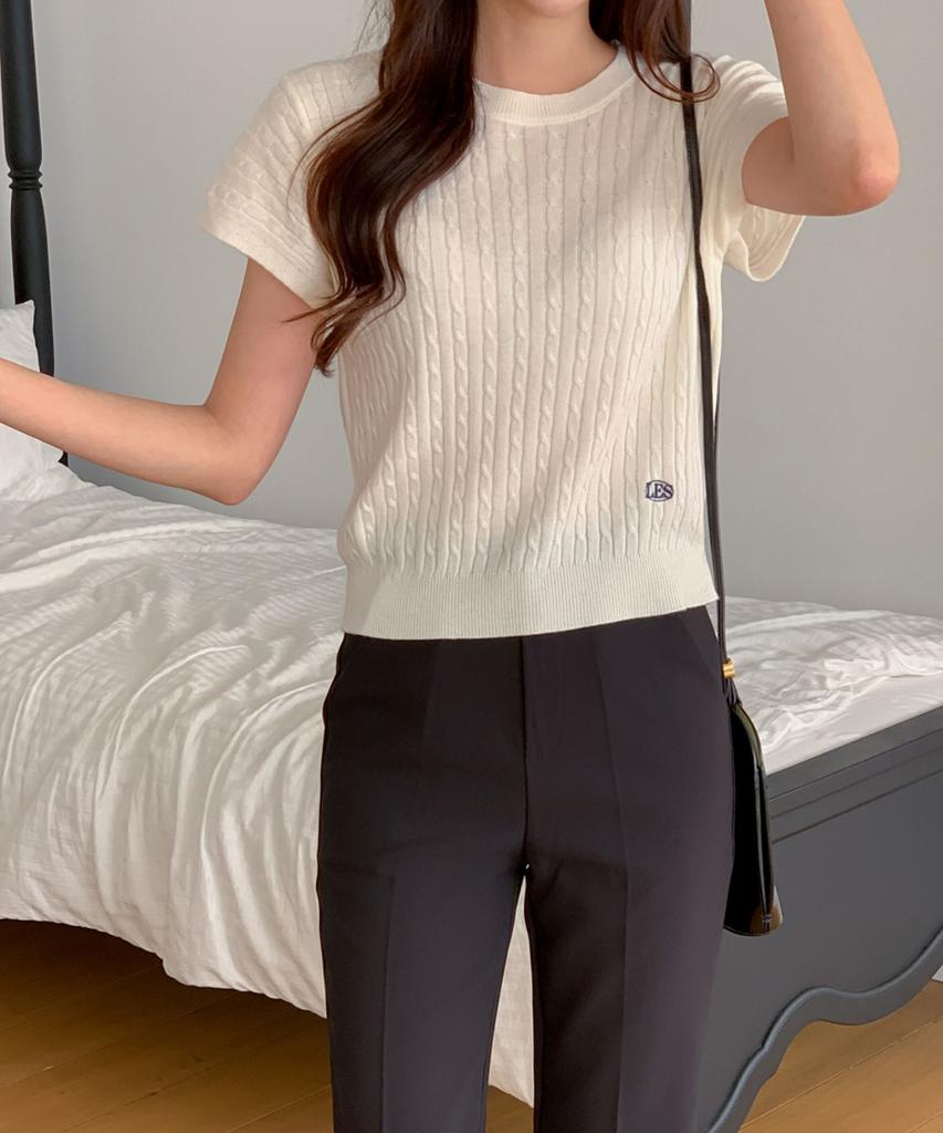 Ppaeppae Round Neck Cable Knit Short Sleeve Knit With Embroidery Details