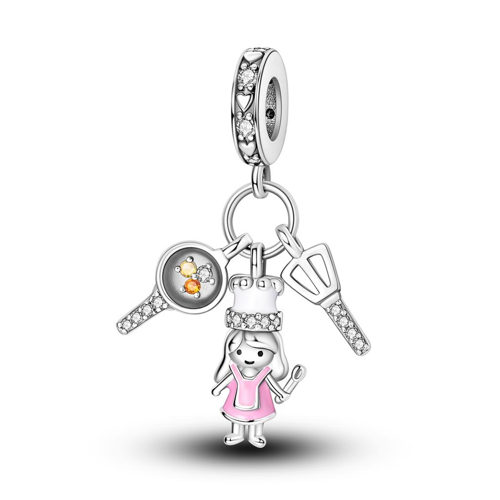 Silver Plated Pink Color Charm Beads Flower Love Heart Dangle fit Original Bangle Bracelet Necklace Pendant Jewelry Women Gift