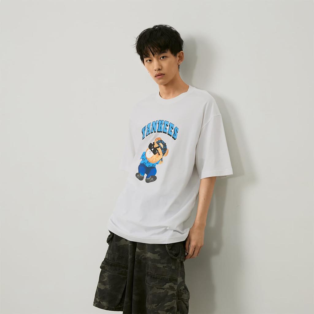 MLB Frowning Bear Collection SS24 Drop Shoulder Sleeve T Shirt Unisex White 3ATSE0143-50IVS