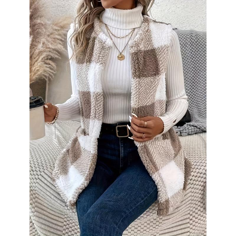 2025 Winter Plaid Print Double-Sided Plush Buttonless Pocket Cardigan Casual Women's Vest