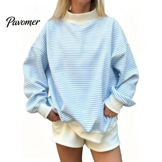 Sporty Workout Tops Women Mock Neck Striped Sweatshirt, Oversized Long Sleeve Pullover Top for Fall, Casual Half Turtleneck Shirt with Ribbed Cuffs