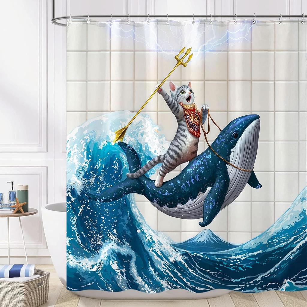 Cat Shower Curtain Ocean Funny  Whale Shower Curtains for Bathroom Fun Shower Curtain Set with 12 Hooks Wha