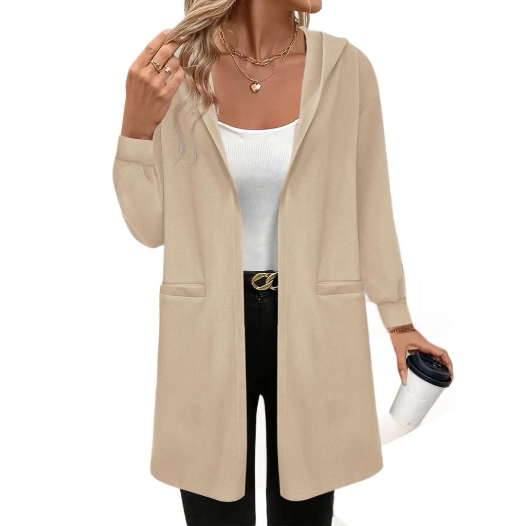 Europe, America, autumn and winter new solid-color hooded cardigan jacket women's long-sleeved loose casual versatile knitted jacket